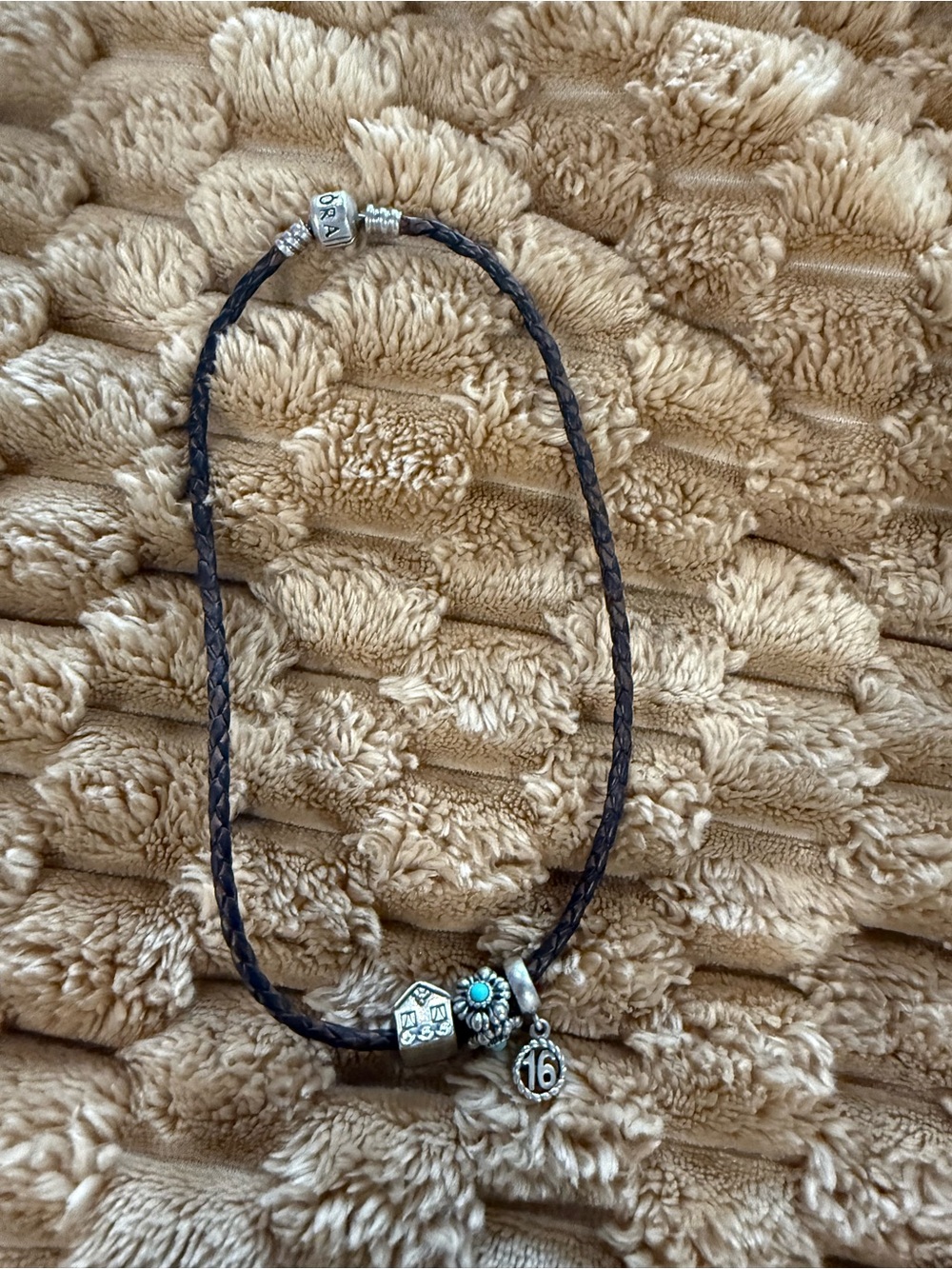 Pandora Braided Brown Cord wrap bracelet with included charms